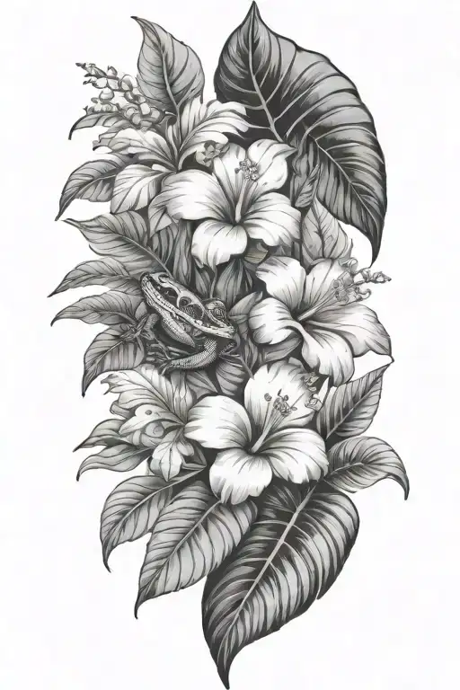 Tropical Leaves With Hibiscus Flowers And Frog