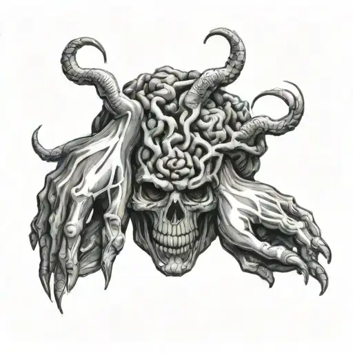 Demon Hands Coming Out Of Head With Brains Connected