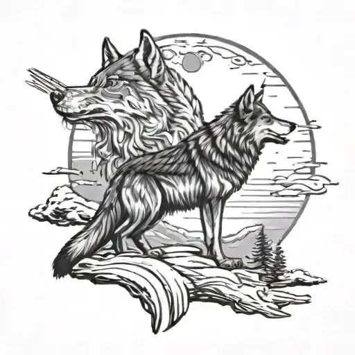 Indian And Wolf Howling At The Moon