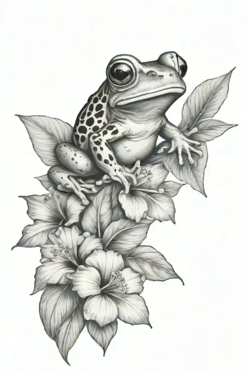 Small Frog And Tropical Leaves And Hibiscus