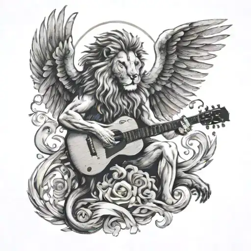 A Black-grey Tattoo Of A Majestic Lion With Wings Playing A Guitar In A Heavenly Setting