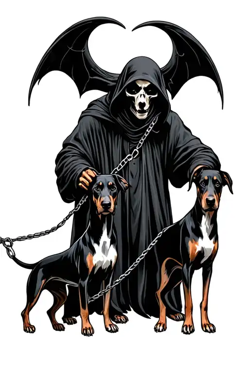 Grim Reaper Holding Dobermans On Leash