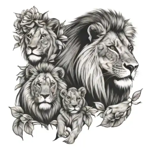 Lion Family Of 3 With Cosmo Flowers