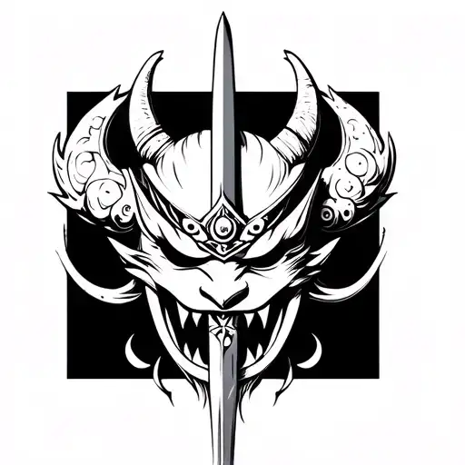 Oni Mask With A Sword Being Swalloed