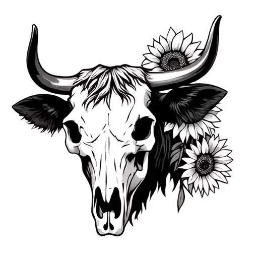 Cow Skull Head With Highland Cow And Sunflowers