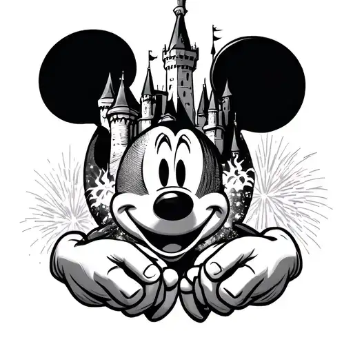 Mickey Mouse Head With Hands Over The Castle With Fire Works
