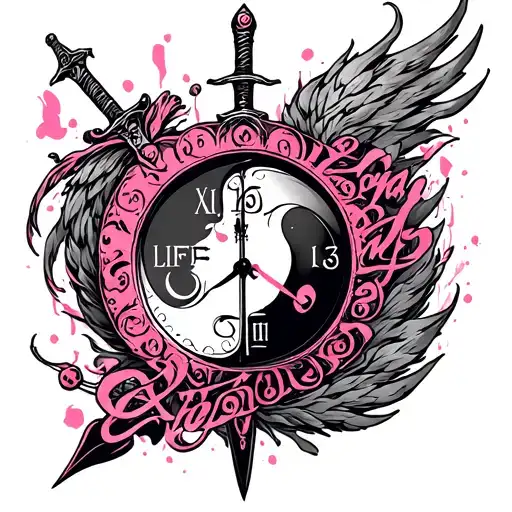 Winds Pink With A Sword And A Yang And A Clock With The Words Life And Love In Calligraphy