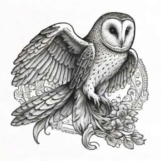 Barn Owl With Wings Spread In A Ptterned Background