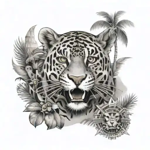 Jaguar Mayan Warrior In The Jungle With Mayan Pyramids And Mayan Symbols