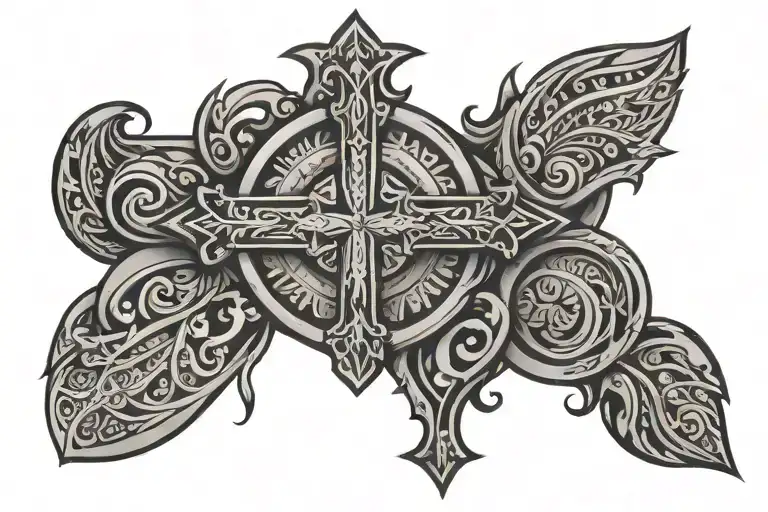Tribal Thigh Band Tattoo Design Incorporating Jesus Cross
