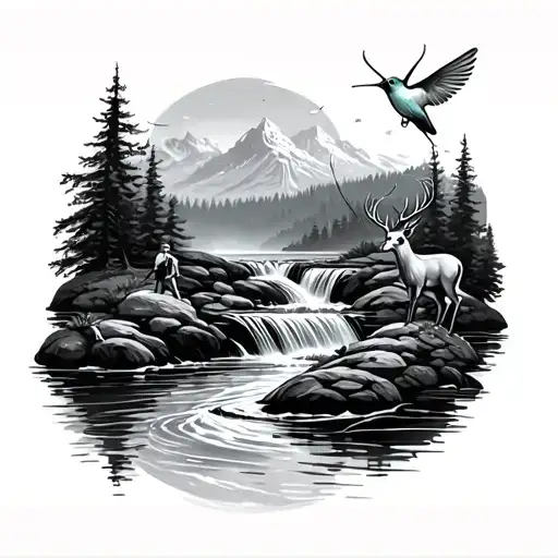 Waterfall Into A Stream With A Fisherman A Deer In The Background And A Hummingbird