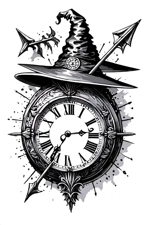 Arrow With Witch And Clock With Roman Numbers Vintage Style