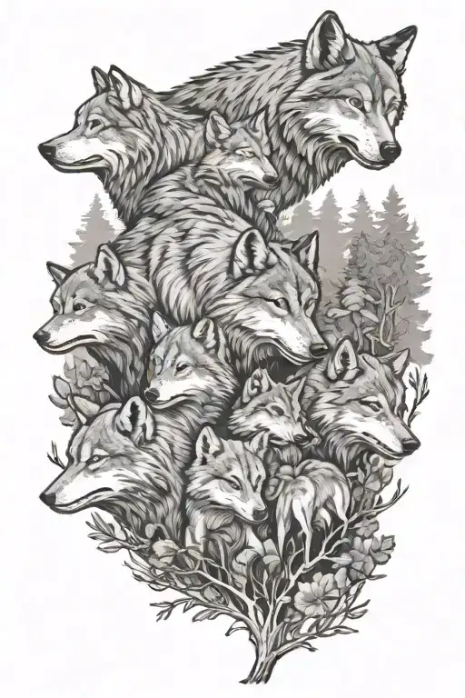 Mom Wolf Forest With 6 Cubs Playing In A Field