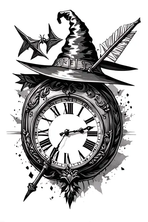 Arrow With Witch And Clock With Roman Numbers Vintage Style