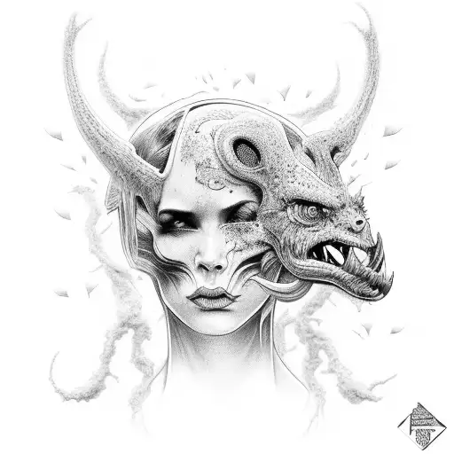 Female Head Exploding With Good Vs Evil Creatures