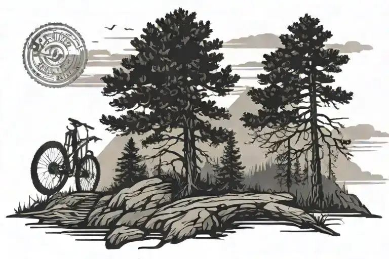 A Detailed Pine Tree Silhouette With Mountain Bike Tire Tracks Winding Around It