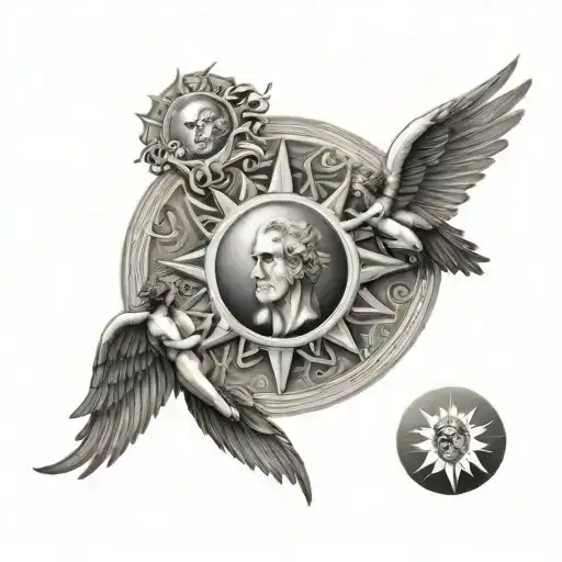 Sun With With Two Men Angels Left And Right Facing Away From Eachother