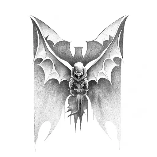 A Detailed Black And Grey Tattoo Of A Heavy Metal Guitar Shaped Like A Bat With Wings Spread Out