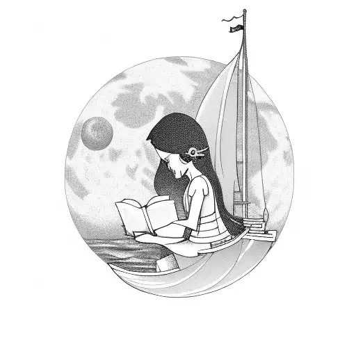 A Girl Reading A Book While Sailing In A Ocean Through Boat Under A Moon