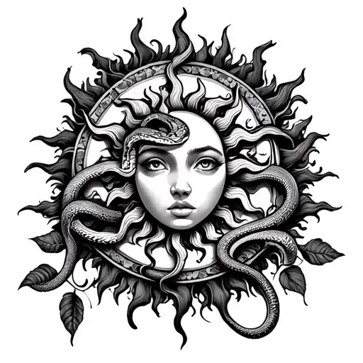 Upper Back Psychedelic Sun With Snake And Vines Wrapping Around It