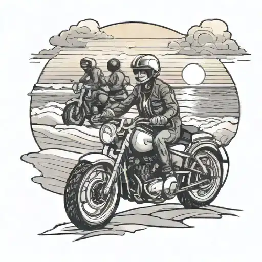 A Group Of Friends Riding Motorcycles Along The Ocean Coast At Sunset