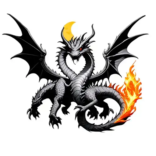 Three -Headed Dragon With Wings And Flame And Moon