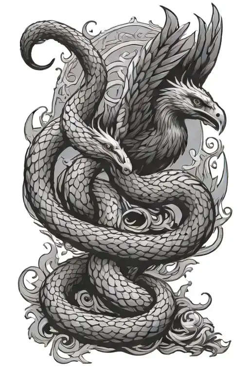 Snake And Phoenix Rising From The Ashes