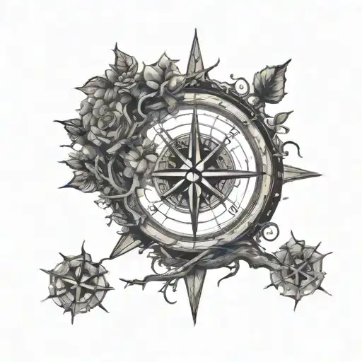 Tree Entangled Into Compass Rose Simple Line Art