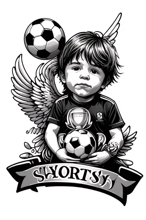 Kid With Soccer Ball On Shoulders And A Trophy With Wings