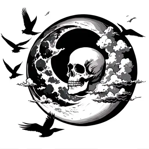 Moon With Clouds And A Skull And Birds