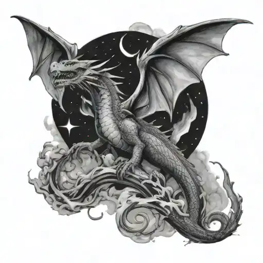 Hands Reaching Towards A Dragon In The Sky Filled Night Sky