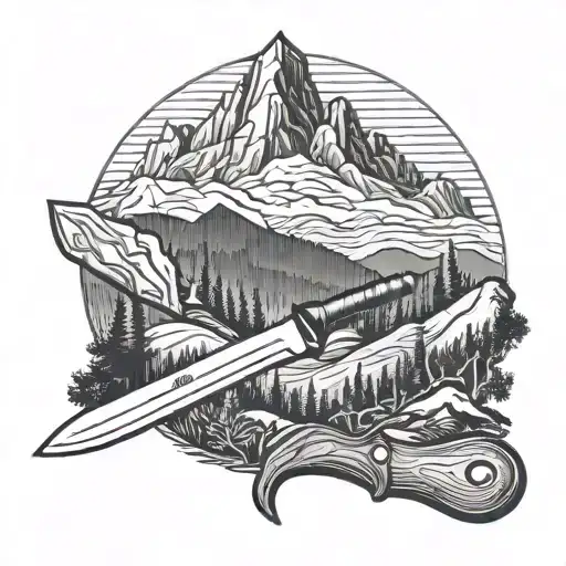 Kitchen Knife With A Wooden Handle With A Scenic Mountain Landscape In The Blade