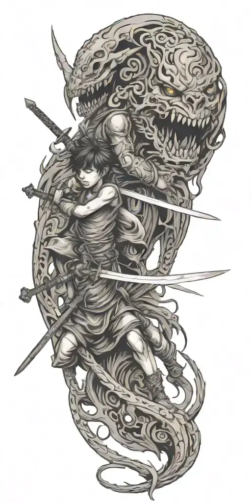 One Boy With Sword Fights Creature