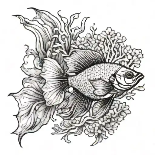 Betta Fish And Underwater Plants And Coral