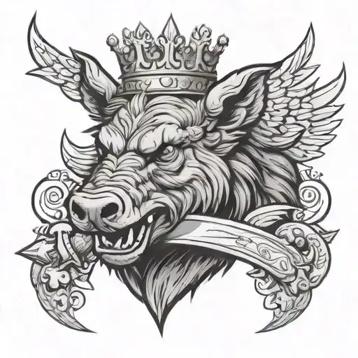 Angry Boar Head With A Sword And Wings Wearing A Crown