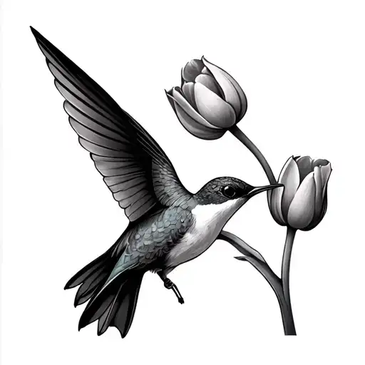 Humming Bird With A Tulip Flower In Mouth