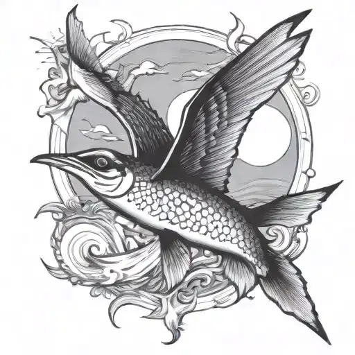 Flying Fish That Is Flying With Seagulls In Front Of A Sun