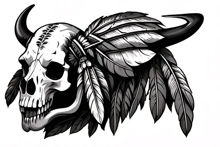 Bull Skull With Indian Feathers