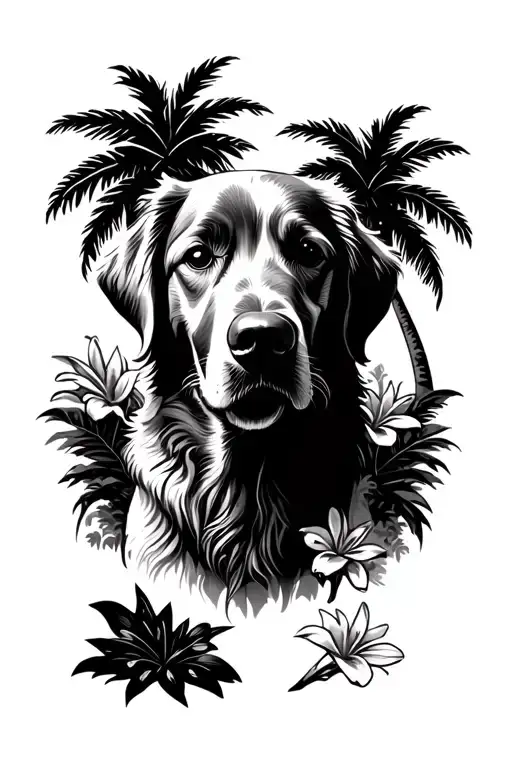 Golden Retriever Face With Palm Trees And Hawaiian Flowers In Background