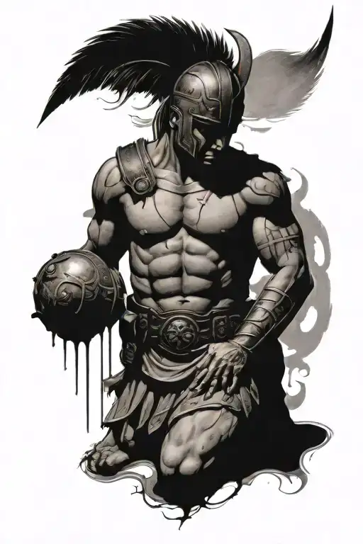 A Roman Warrior On His Knees Broken Down Missing A Bloody Heart