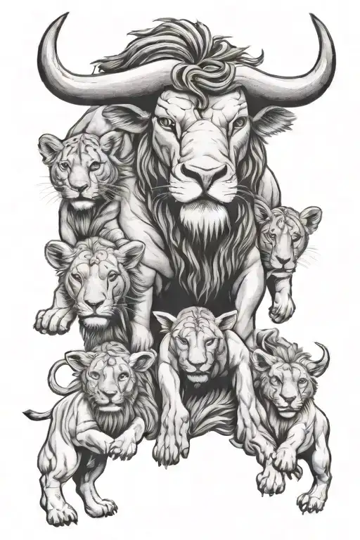 An Angry Bull Watching Over 2 Lion Cubs With A Libra Zodiac Sign
