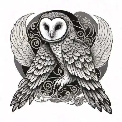 Barn Owl With Both Wings Spread In A Patterned Background
