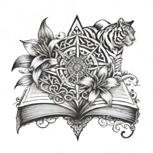 Books With Tiger Lily Flowers And A Compass Rose Intertwined