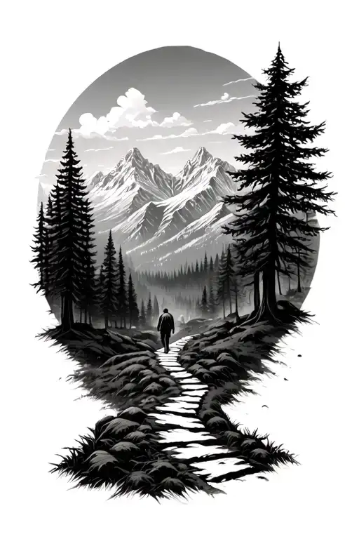 Forest With A Path Leading Up To Mountains And A Person Walking Away