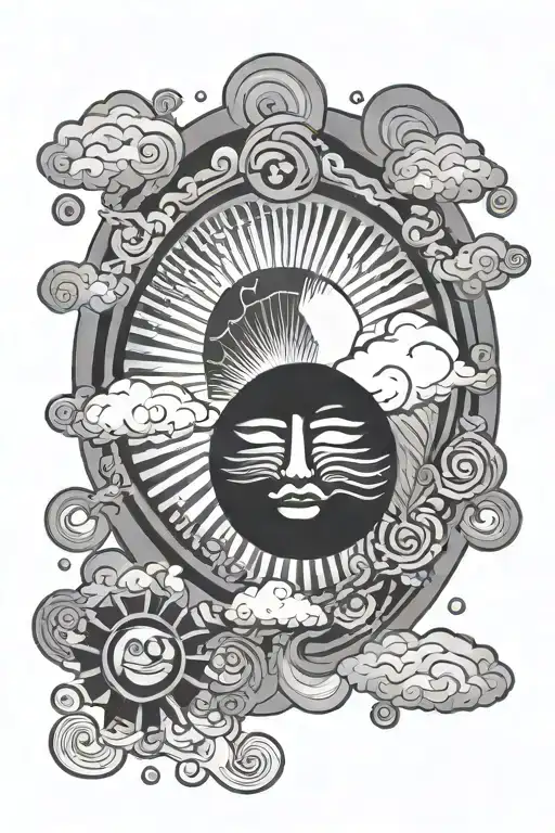 Circular Sun With Face And Japanese Style Clouds Floating