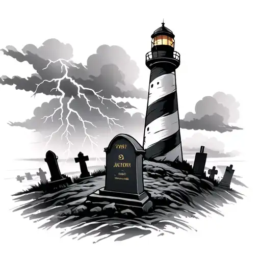 Lighthouse In Thunderstorm With Cemetary And Lightning Striking Headstone