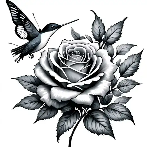 Rose With Stem With Humming Bird And Butterfly