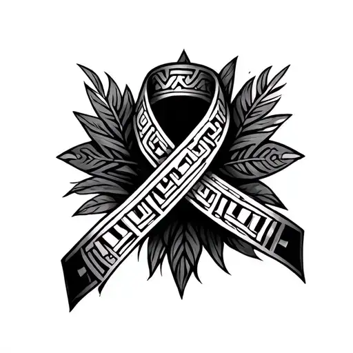 Cancer Ribbon With Polynesian Patterns And Roman Numerals Along The Side