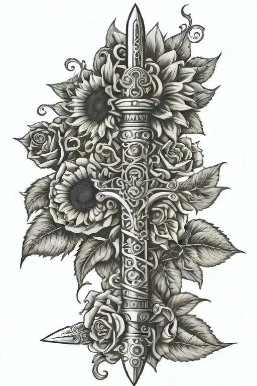 Sunflower Ponsettia And Rose Wrapped Around Roman Sword With Vines