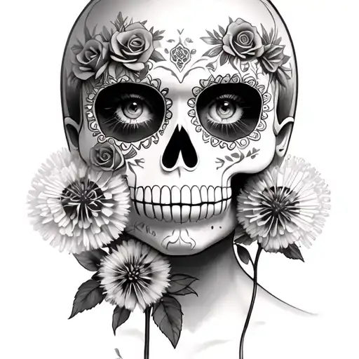 Sugar Skull Girl With Roses And Dandelions